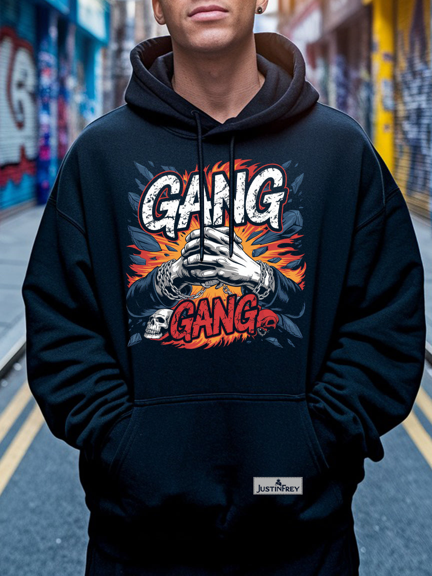 Edgy Skull Flames Hoodie - Gang Gang Clasped Hands Graphic Sweatshirt